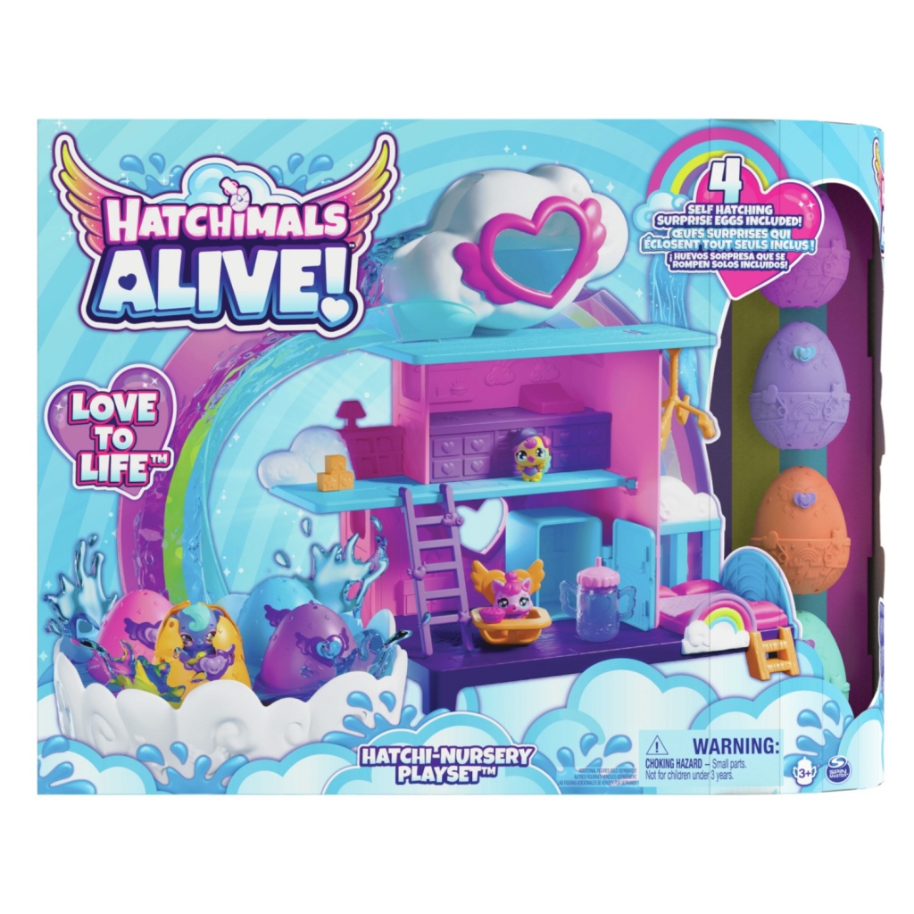 Hatchimals Alive - Hatchi-Nursery-speelset - met 4 minifiguren in eieren die zelf uitkomen en 13 accessoires