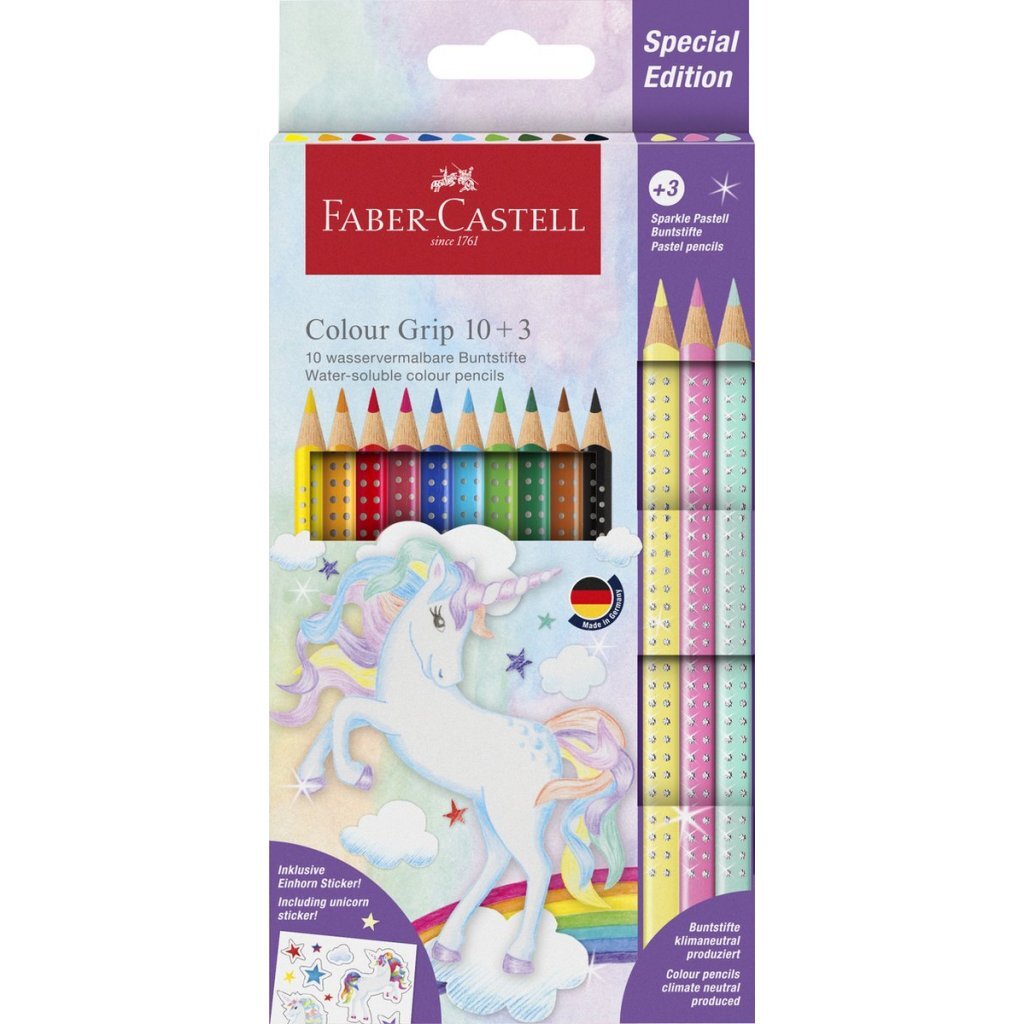Faber-Castell kleurpotloden - Grip Unicorn - 10 colour grip + 3 sparkle pastel + unicorn stickers - FC-201542