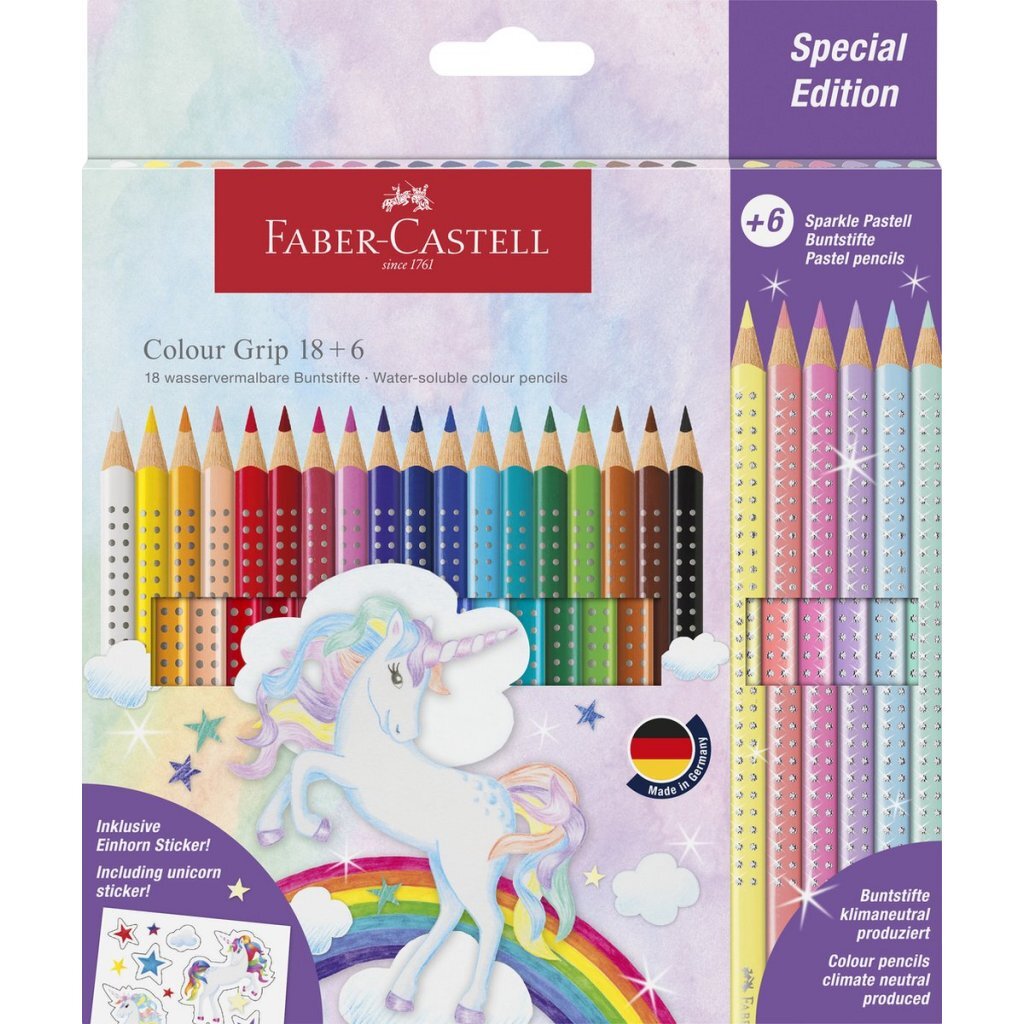 Faber-Castell kleurpotloden - Grip Unicorn - 18 colour grip + 6 sparkle pastel + unicorn stickers - FC-201543