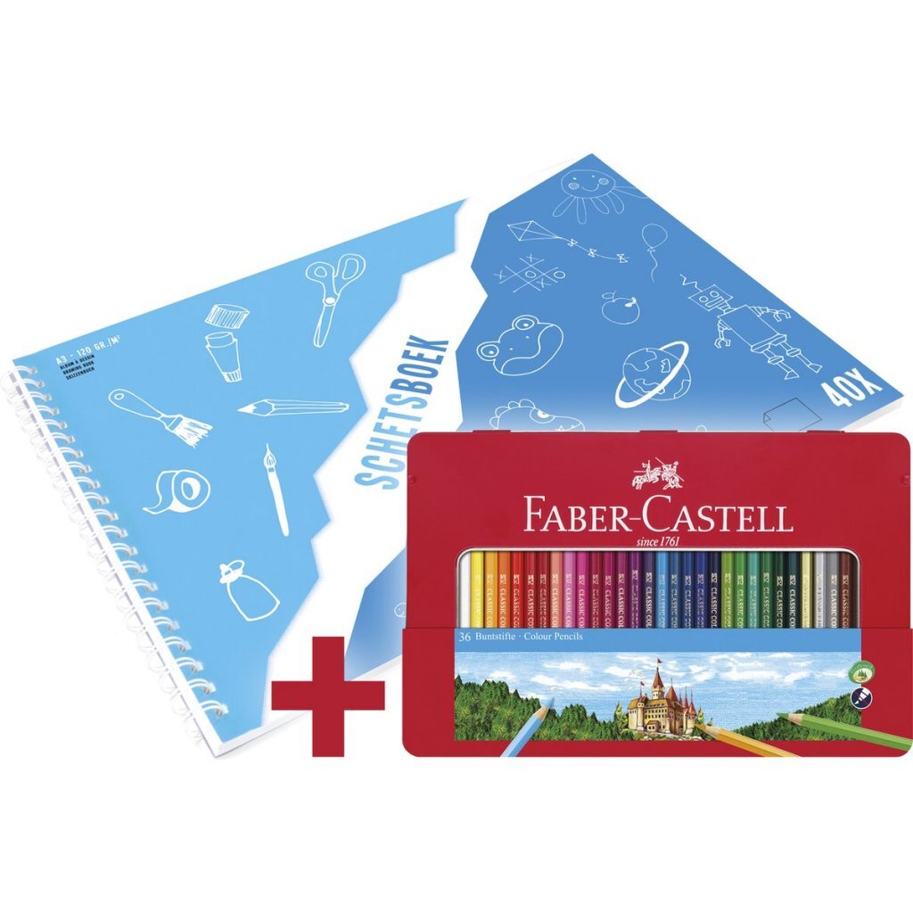 Faber-Castell kleurpotlood - Castle - 36 stuks in blik + A3 Kangaro schetsboek GRATIS - wit - 120 grams - 40 vel - FC-115886-A