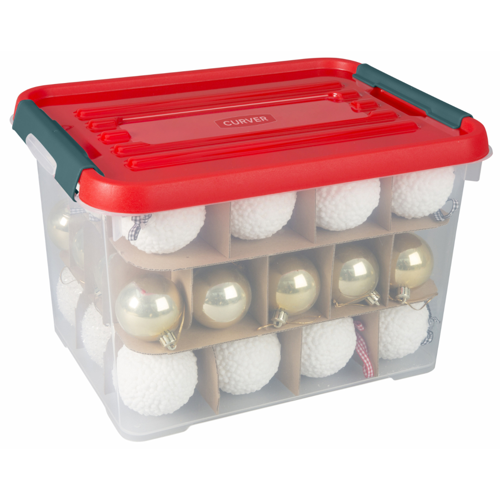 Curver - Kerstbox 20L - kerstballenbox transparant / rood - kerstballen opbergbox