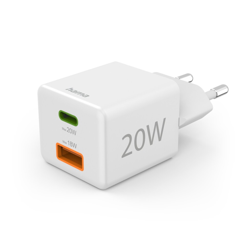 Hama Snellader 1x USB-C PD 1x USB-A QC Mini-oplader 20 W Wit afbeelding