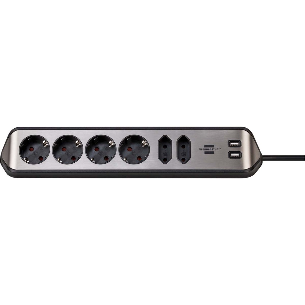 Brennenstuhl 1153590610 Estilo Hoekaansluitdoosstrook Met Usb Laadfunctie 6-weg 4x Beschermend Contactdoos & 2x Euro Zilver/zwart