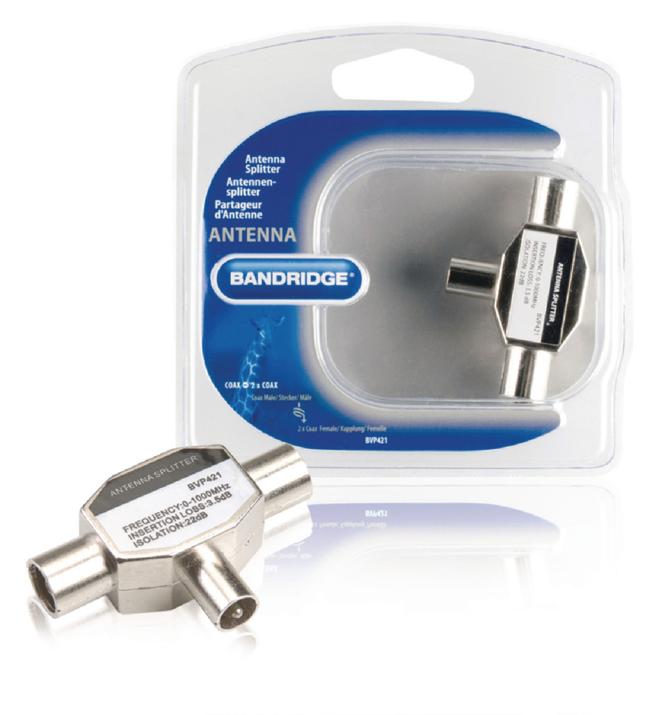 Bandridge BVP421 Coax Adapter Coax Male (iec) - 2x Coaxconnector Female (iec) Zilver afbeelding