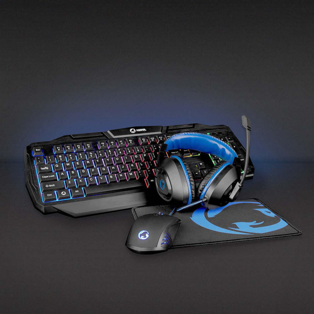 Nedis GCK41100BKIT Gaming Combo Kit 4-in-1 Toetsenbord, Koptelefoon, Muis En Muismat Blauw / Zwart Qwerty Italiaans