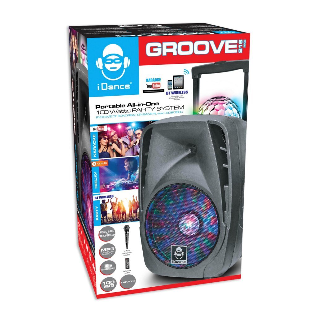 iDance Groove216MK2 Party Speaker - Draadloos - Bluetooth Speaker - FM Radio - 100 Watt - Discoverlichting - Met Microfoon en Afstandsbediening