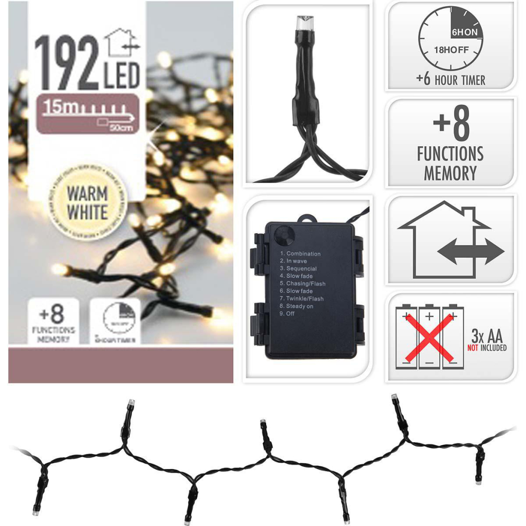 S.I.A. Batterij Kerstverlichting 14.5M 192 LED's IP44 + Timer afbeelding