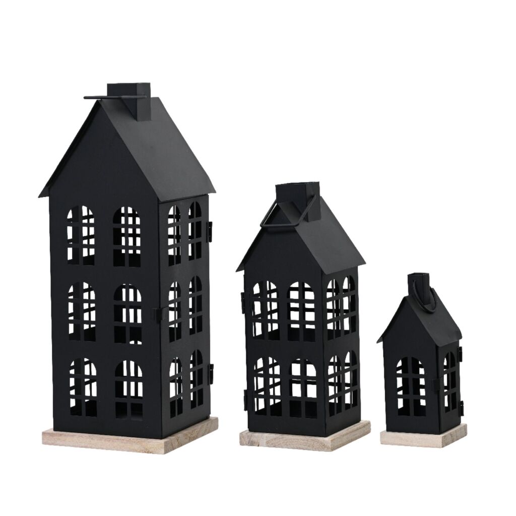 Decoratie Lantaarn Huisjes 3 Stuks IJzer/Zwart