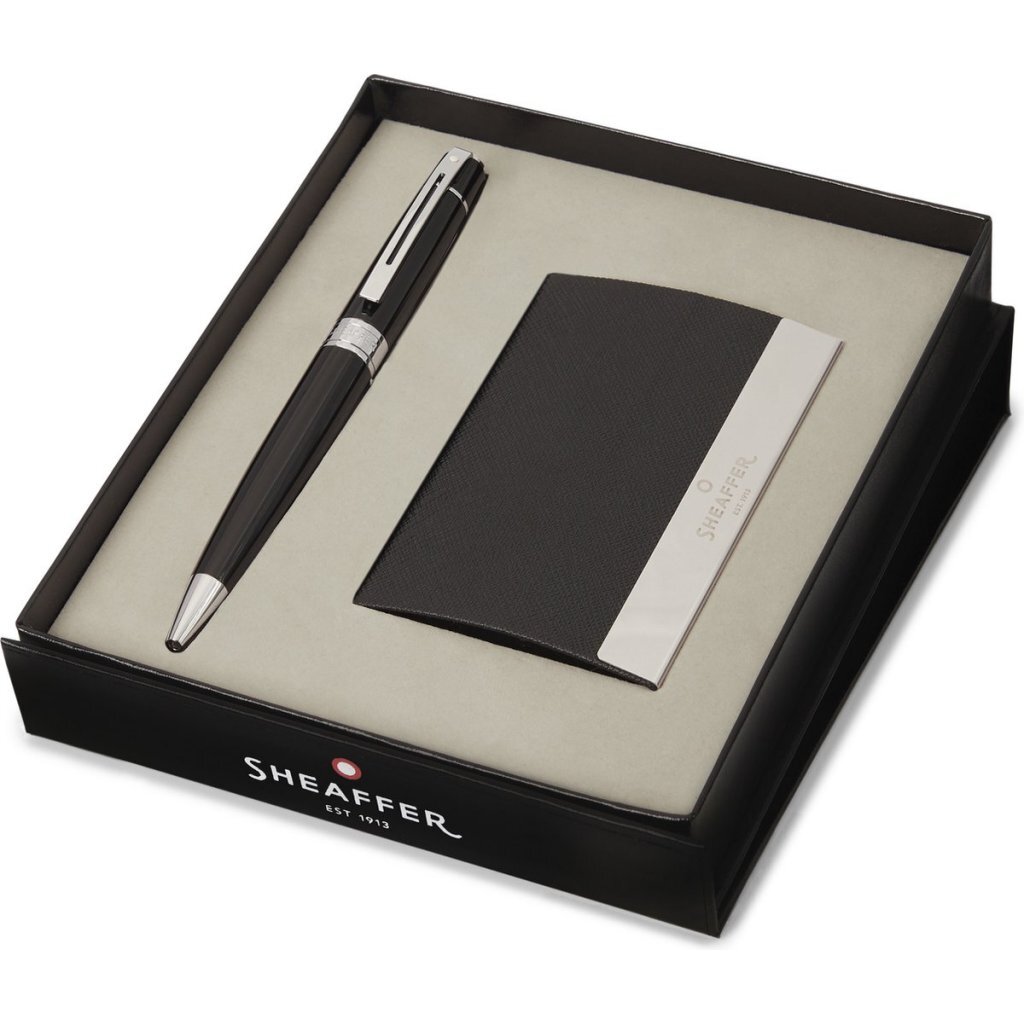 Sheaffer balpen giftset - 300/G9312 - glossy black chrome plated - met visitekaarthouder - SF-G2931251-3