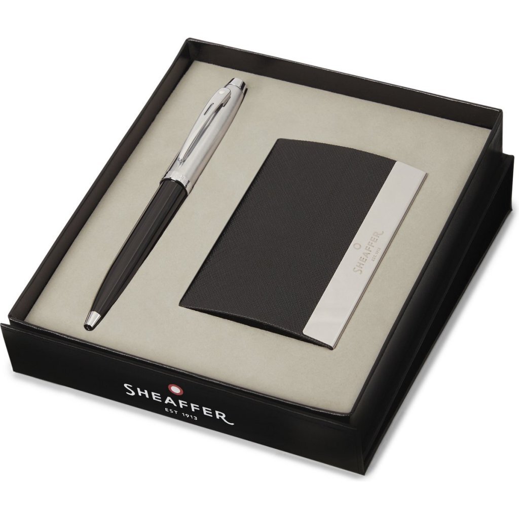 Sheaffer balpen giftset - 100/G9313 - glossy black barrel brushed nickel plated - met visitekaarthouder - SF-G2931351-3