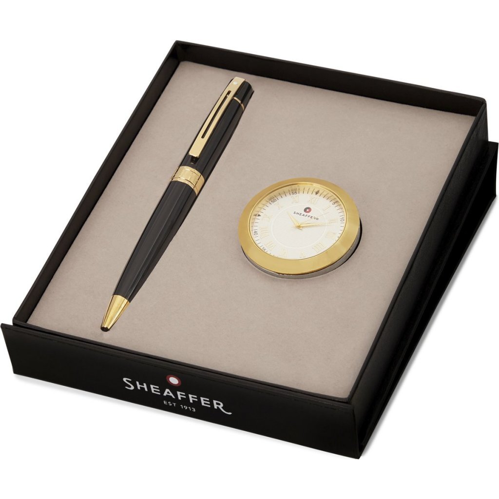 Sheaffer balpen giftset - 300/G9314 - glossy black chrome plated - met tafelklok - SF-G2932551-1