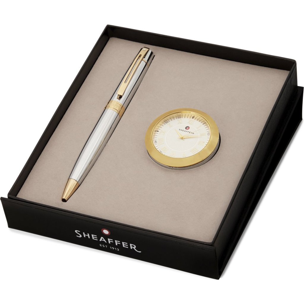 Sheaffer balpen giftset - 300/G9342 - bright chrome gold tone - met tafelklok - SF-G2934251-1