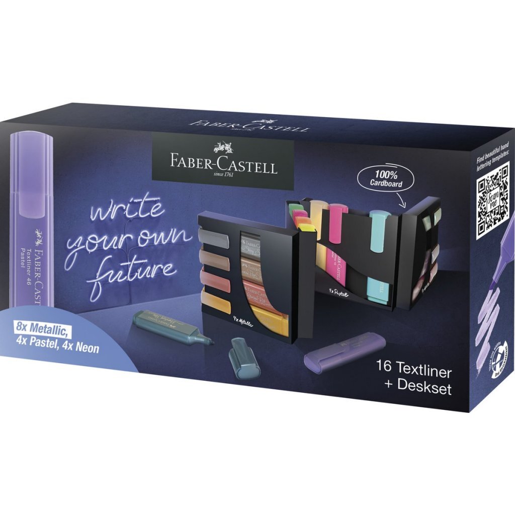 Faber-Castell tekstmarkers - Deskset - 16 kleuren - 4 neon, 4 pastel en 8 metallic kleuren - FC-254603