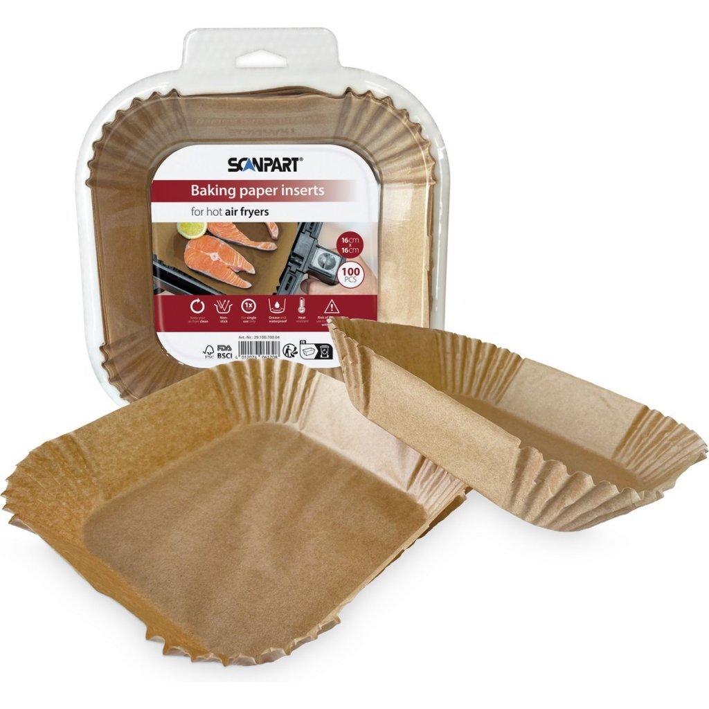 Scanpart Airfryer bakpapier wegwerpbakjes - Vierkant 16x16cm bodem - 100 stuks - Geschikt voor Bestron Bourgini Caso DeLonghi Domo Emerio Fritel Inventum Koenic Montana Ninja Nova